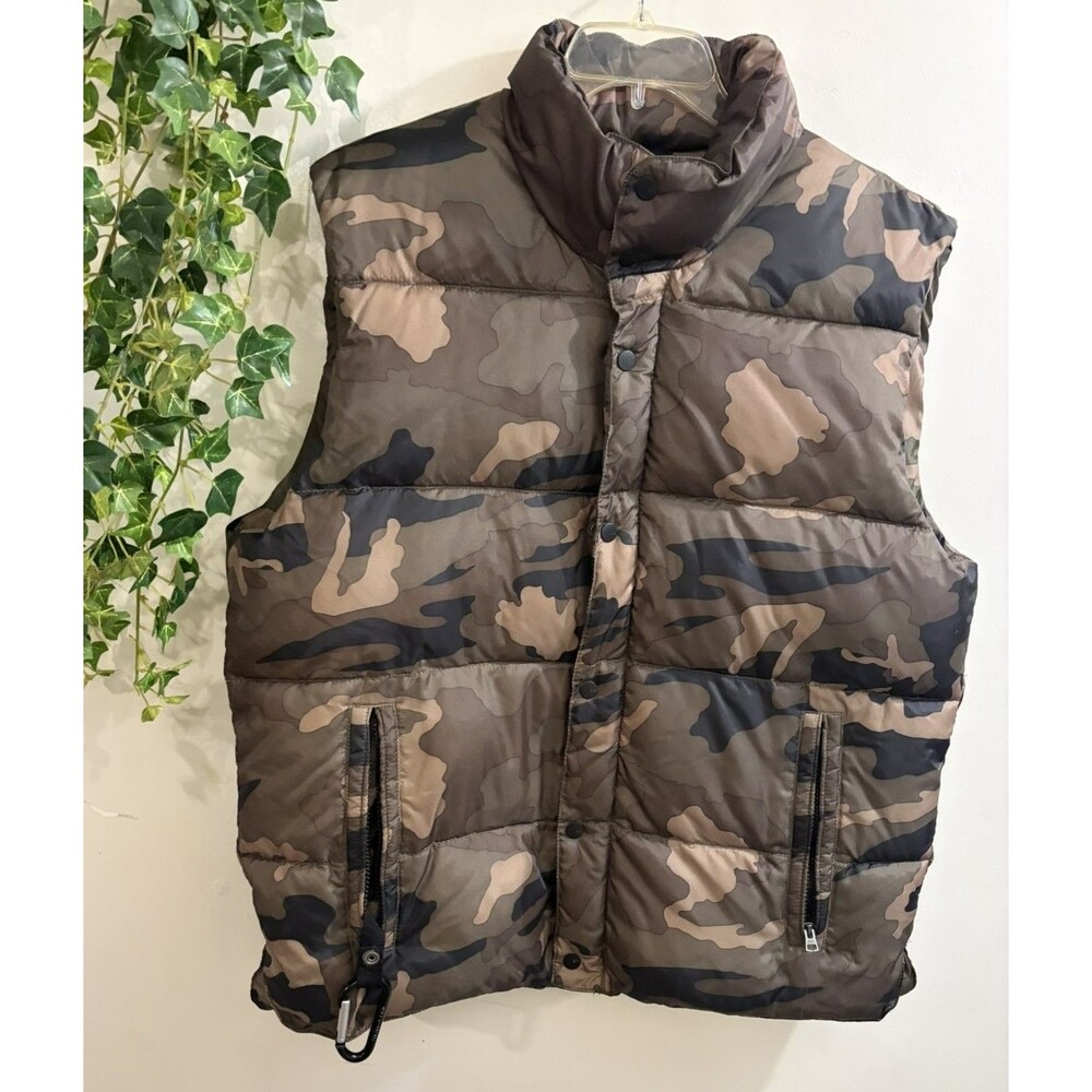 Old Navy Thick Puffer Vest Men Sz L Tan Green Camo Lined Fleece Zip Snap Pockets